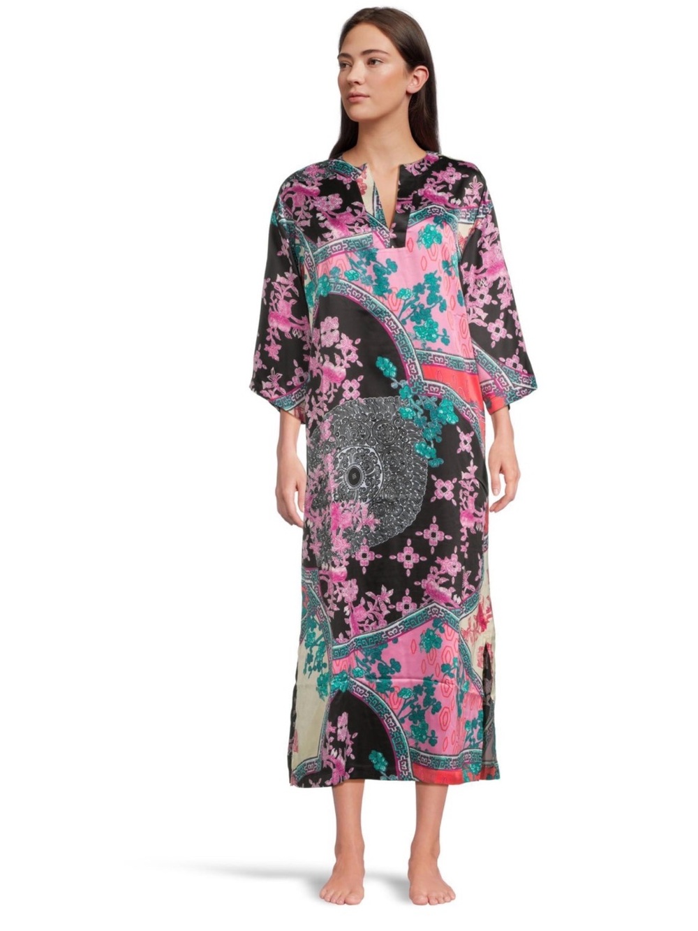 Natori Brocade Caftan Satin Maxi Dress Pockets Black Multi Sz Small
